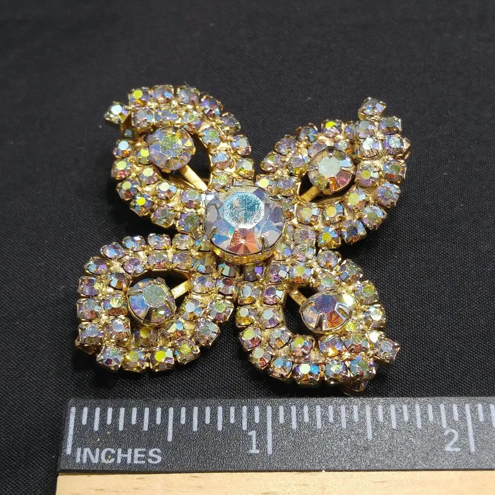 Rhinestones Aurora Borealis Flower Brooch, Gold Plated, 1960s Vintage Jewelry